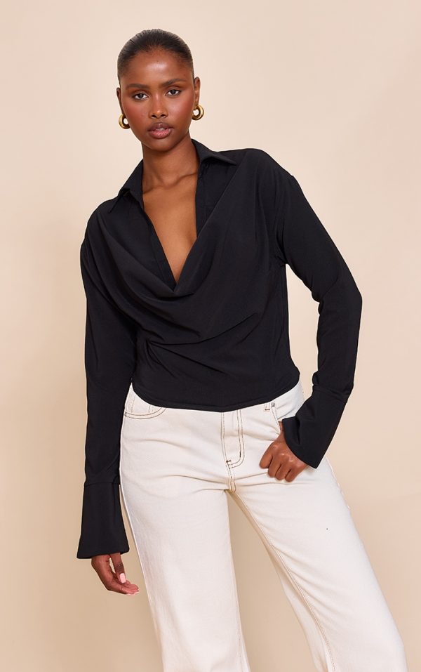 Black Chiffon Cowl Neck Blouse