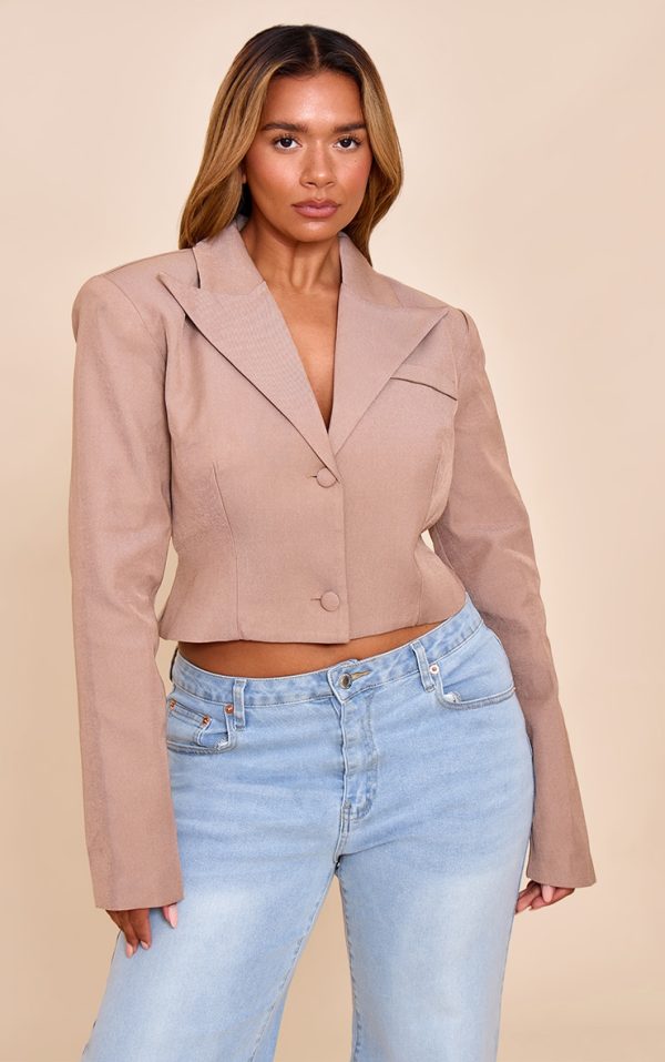 Shape Mocha Button Front Cropped Adjustable Cinched Waist Blazer