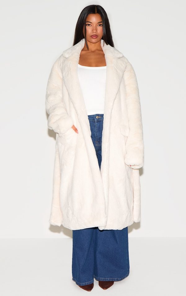 Cream Faux Fur Self Tie Oversized Coat
