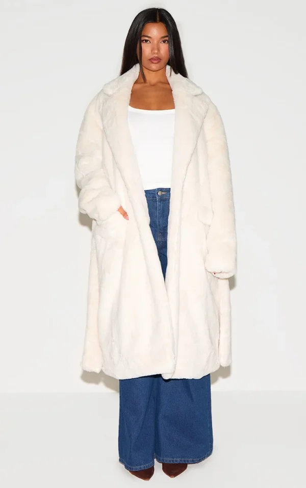 Cream Faux Fur Self Tie Oversized Coat
