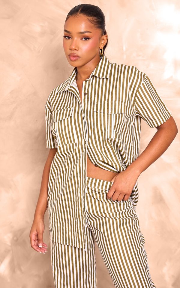 Olive Stripe Linen Look Pocket Front Short Sleeve Oversized Shirt