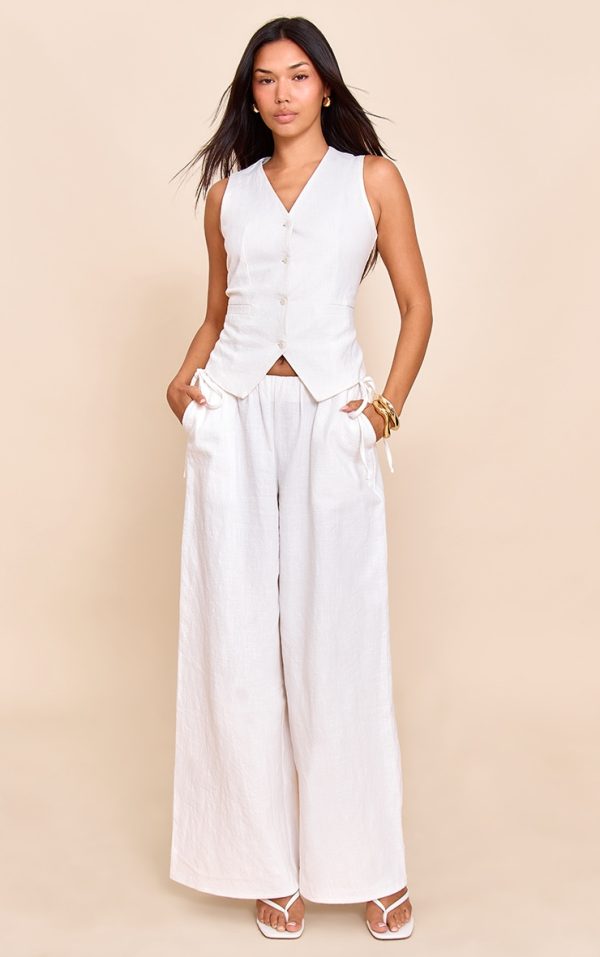 White Premium Linen Side Tie Detail Wide Leg Pants