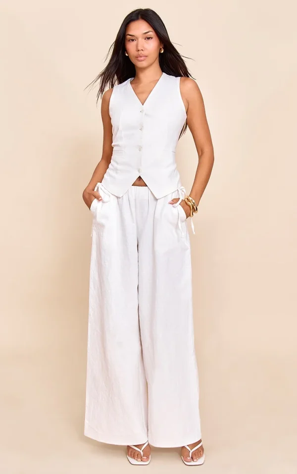 White Premium Linen Side Tie Detail Wide Leg Pants