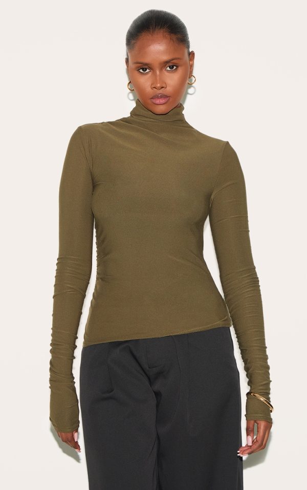 Khaki Soft Touch High Neck Ruched Sleeve Top