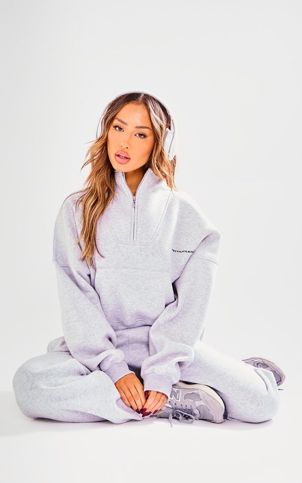 PRETTYLITTLETHING Petite Ash Grey Oversized Half Zip Sweatshirt