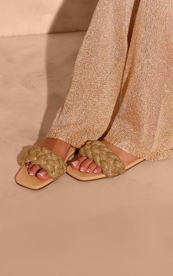 Gold PU Square Toe Diamante Strap Slip On Flat Sandals