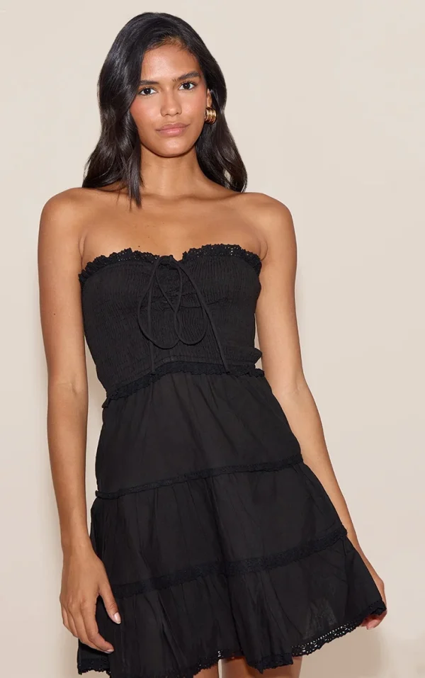 Black Bandeau Shirred Broderie Trim Shift Dress