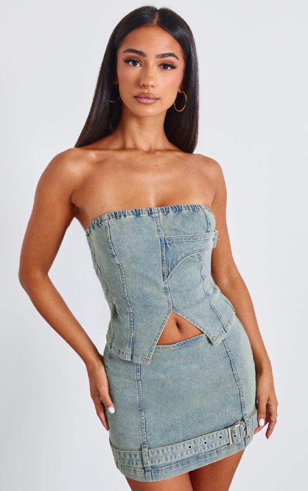 Petite Bleach Wash Denim Bandeau Longline Corset