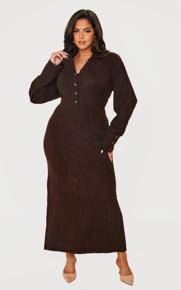 Plus Chocolate Soft Bobble Knit Button Up Collar Detail Maxi Dress