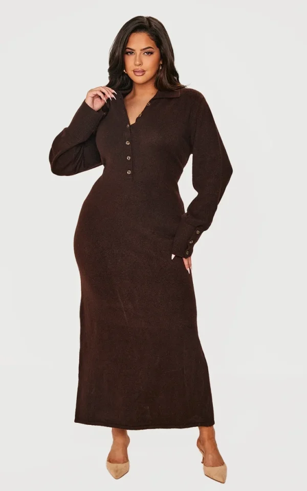 Plus Chocolate Soft Bobble Knit Button Up Collar Detail Maxi Dress