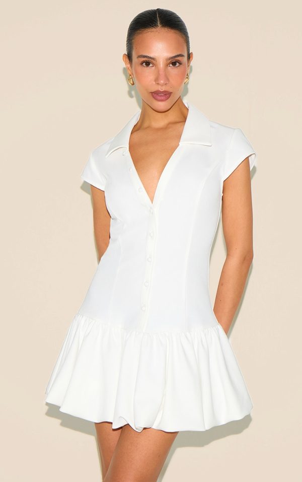 Petite White V-neck Fitted Pleated Mini Dress