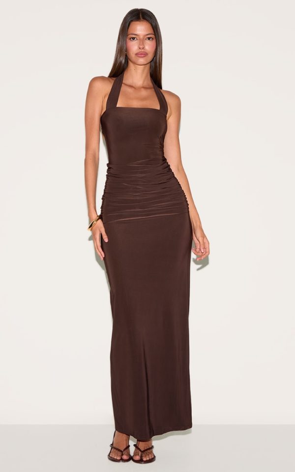 Chocolate Double Layer Slinky Square Halterneck Drape Detail Maxi Dress