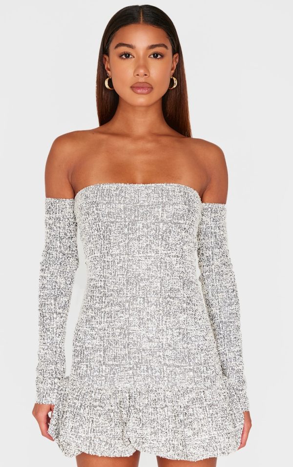 Monochrome Bardot Boucle Puffball Mini Dress