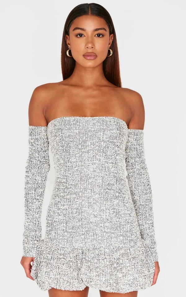 Monochrome Bardot Boucle Puffball Mini Dress