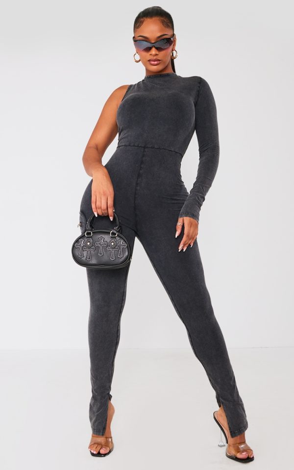 Shape Charcoal Cotton One Shoulder Zip Detail Jumpsuit