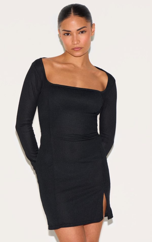 Petite Black Ribbed Long Sleeve Split Dress