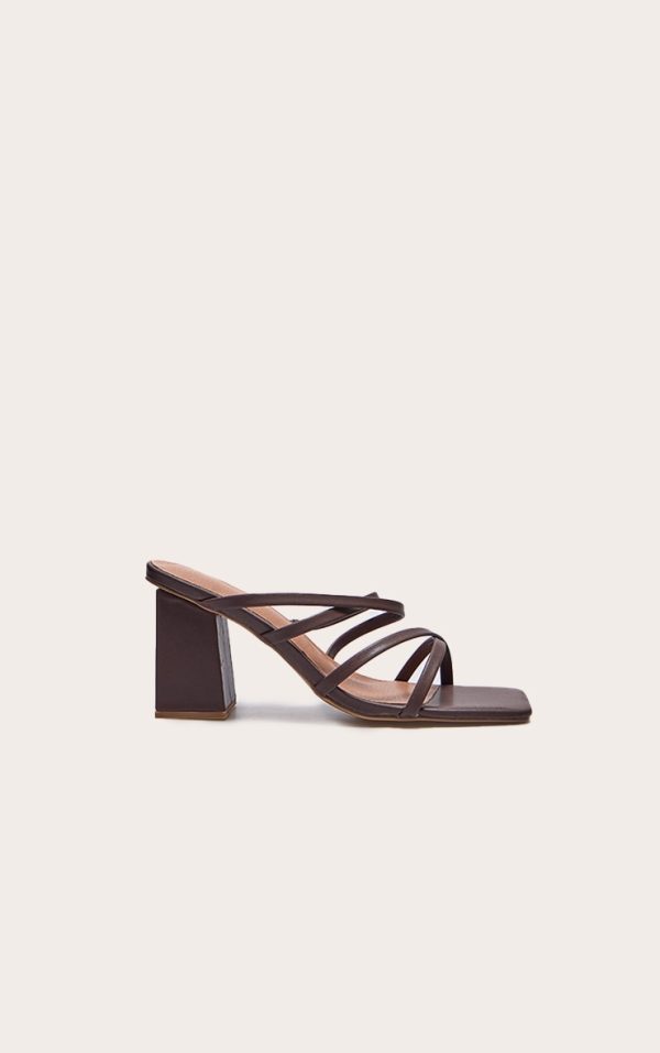 Brown PU Wide Fit Square Toe Strappy Block Heeled Mules