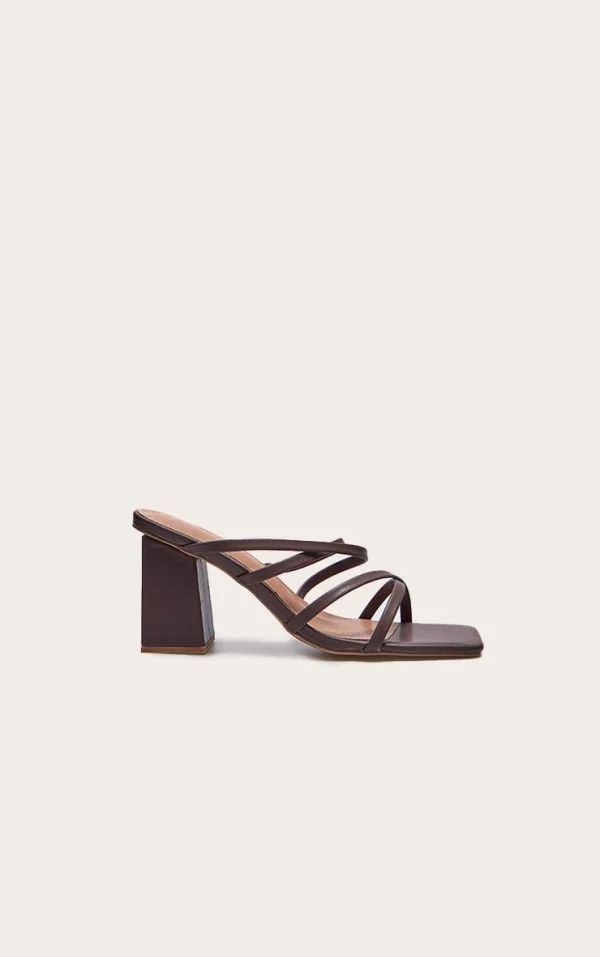 Brown PU Wide Fit Square Toe Strappy Block Heeled Mules