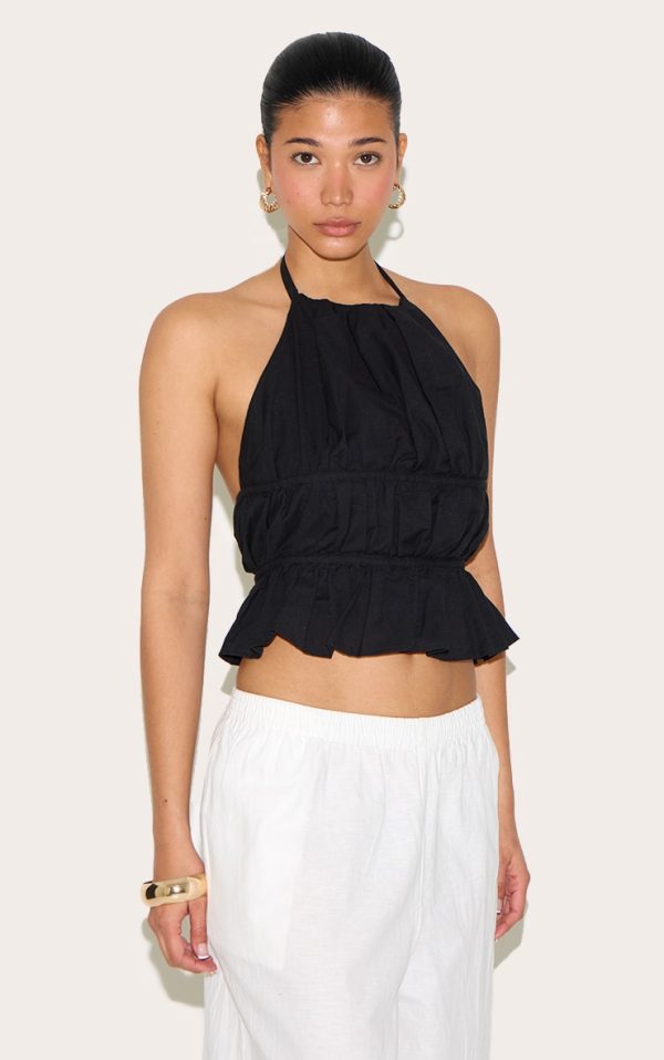 Black Lightweight Woven Tiered Tie Back Long Top