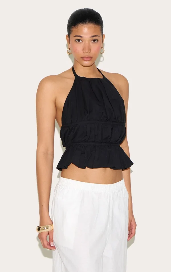 Black Lightweight Woven Tiered Tie Back Long Top