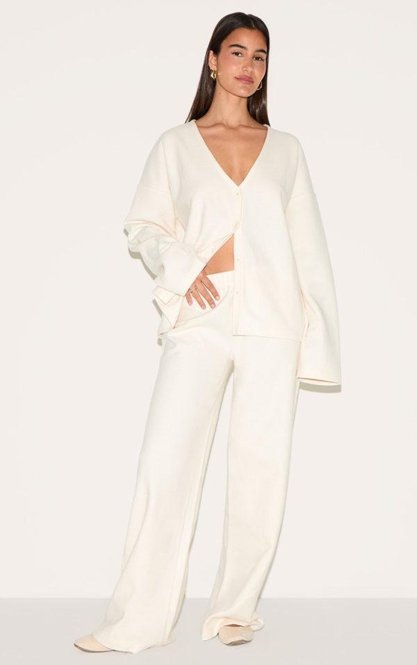 Cream Heavy Brushed Rib Slouchy Wide Leg Pant