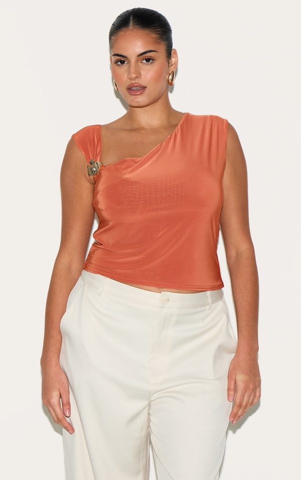 Plus Burnt Orange Double Layer Slinky Trim Detail Asymmetric Top