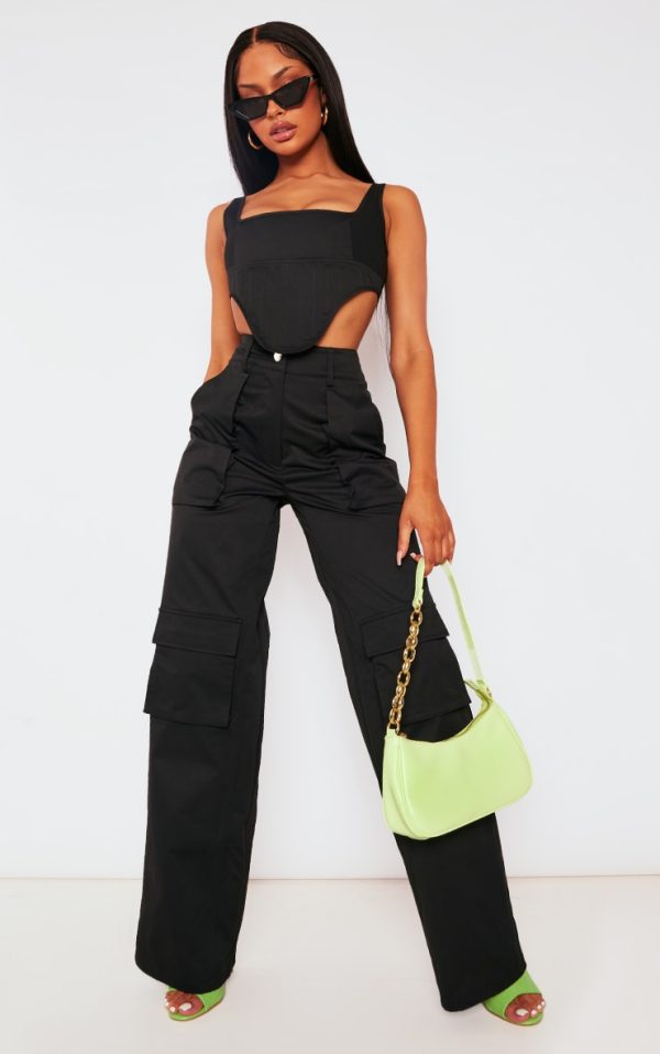 Black Twill Pocket Detail High Waist Cargo Pants