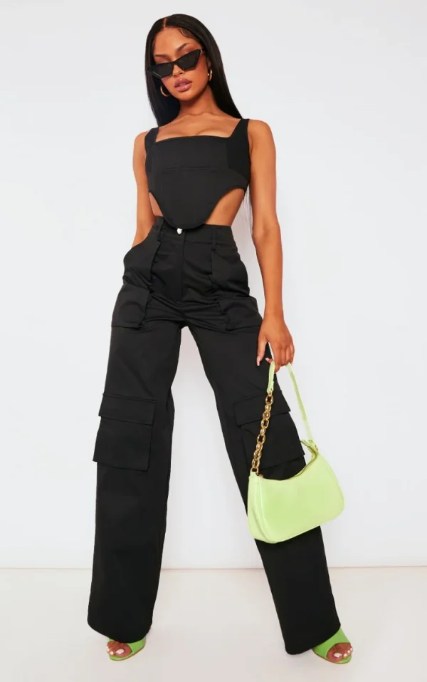 Black Twill Pocket Detail High Waist Cargo Pants