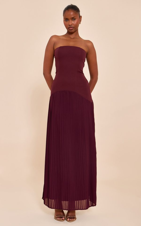 Plum Woven Bandeau Pleated Hem Detail Maxi Dress