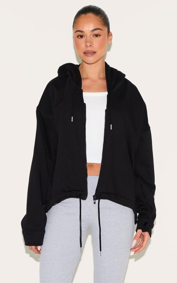 Black Oversized Zip Up Toggle Waist Hoodie