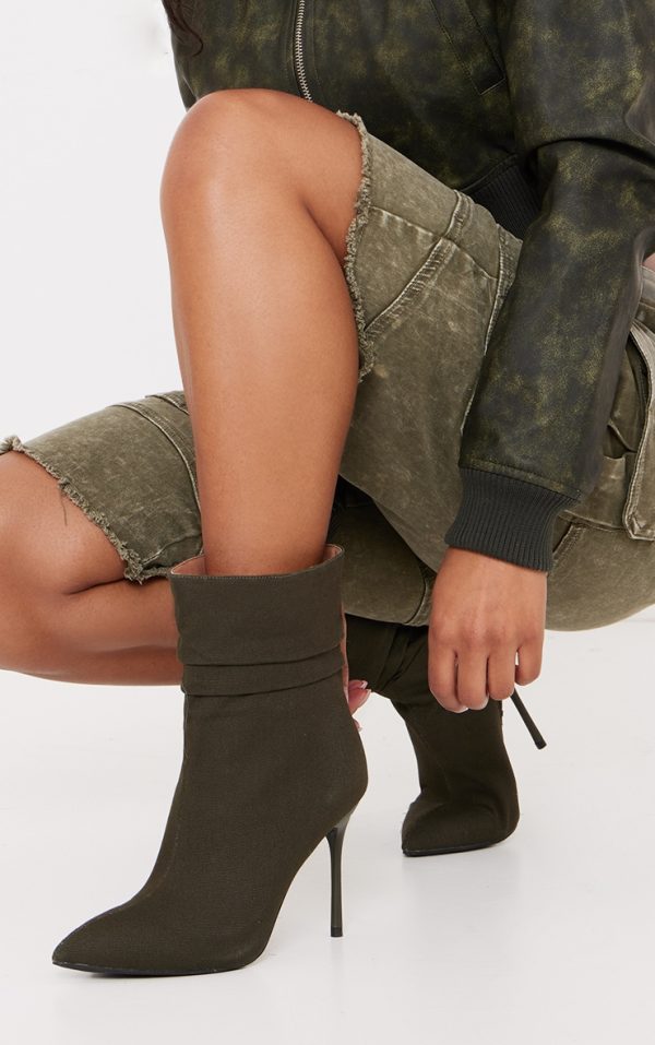 Khaki Woven Point Toe Ruched High Heeled Ankle Boots