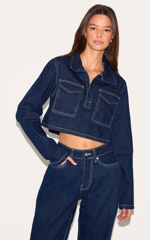Indigo Contrast Stitch Seam Detail Cropped Denim Shirt