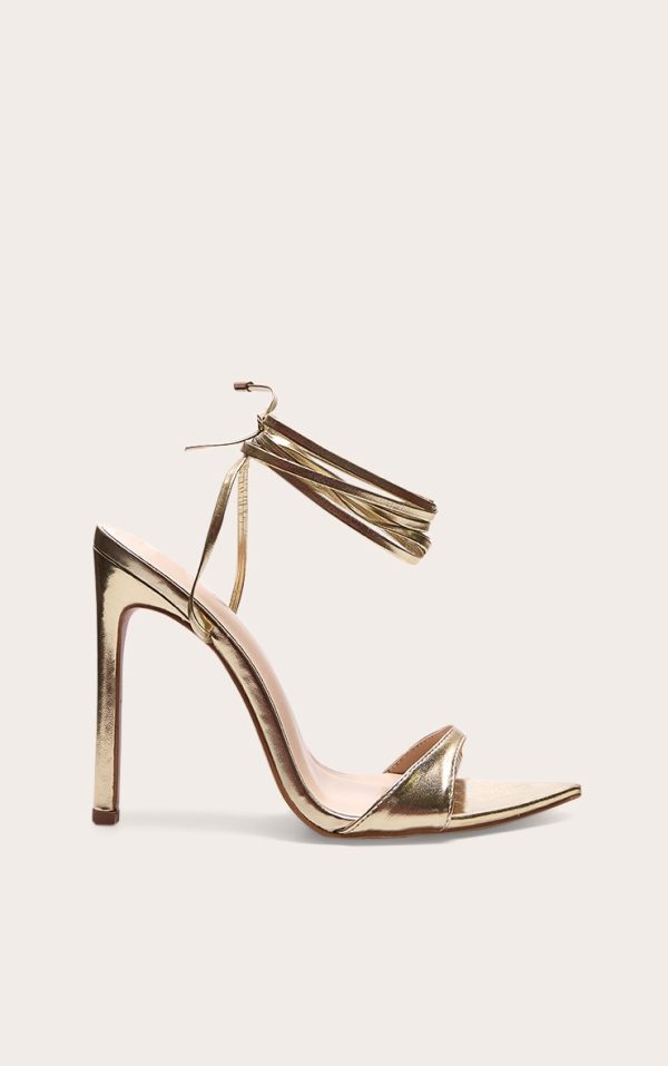 Gold PU Point Toe Lace Up High Heeled Sandals