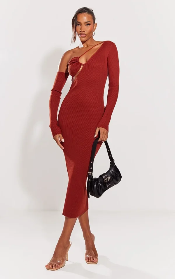 Rust Ruched Front Long Sleeve Rib Knit Maxi Dress