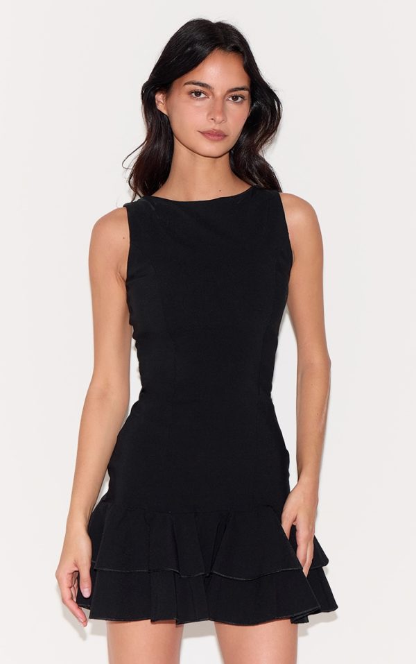 Black Boat Neck Pleated Hem Shift Dress
