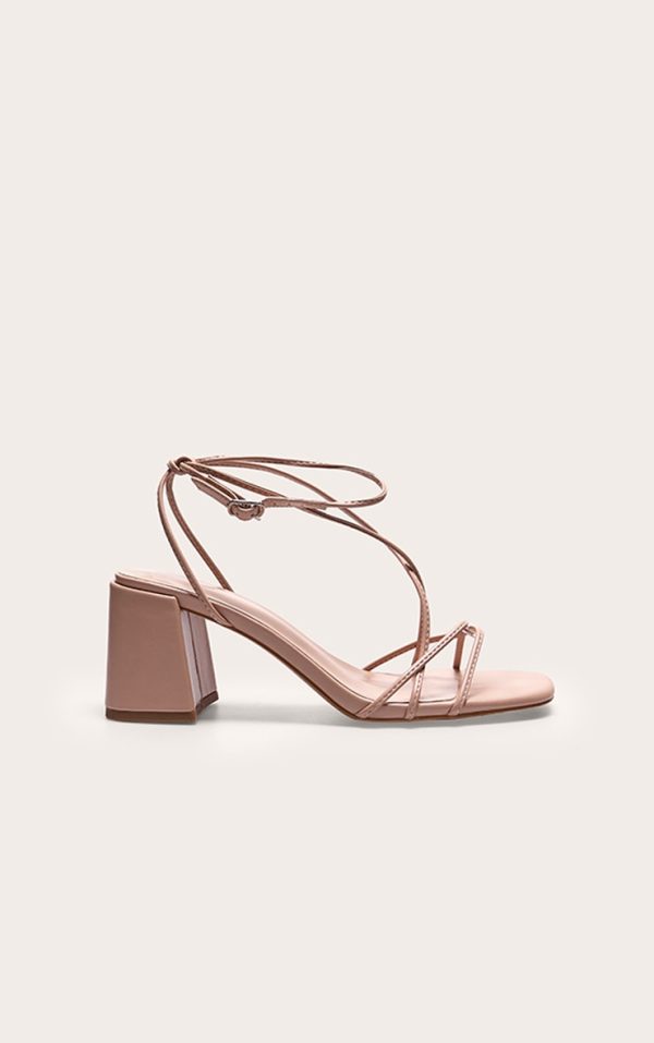 Nude Pu Round Toe Strappy Mid Block Heeled Sandals