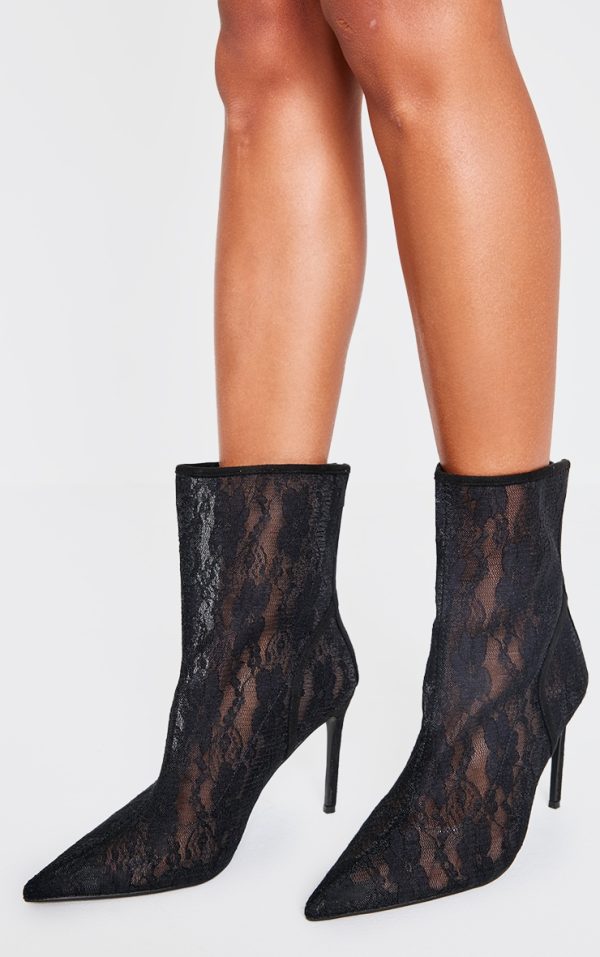 Black Lace Wide Fit Point Toe Stiletto Heel Ankle Boot