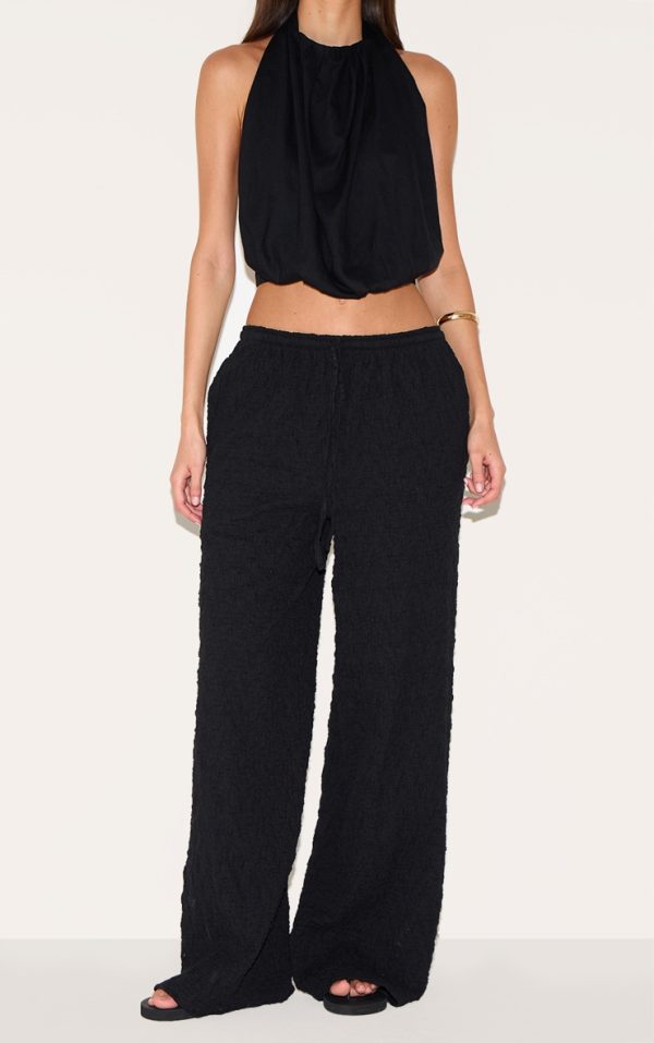 Black Textured Jersey Drawstring Waist Wide Leg Pants