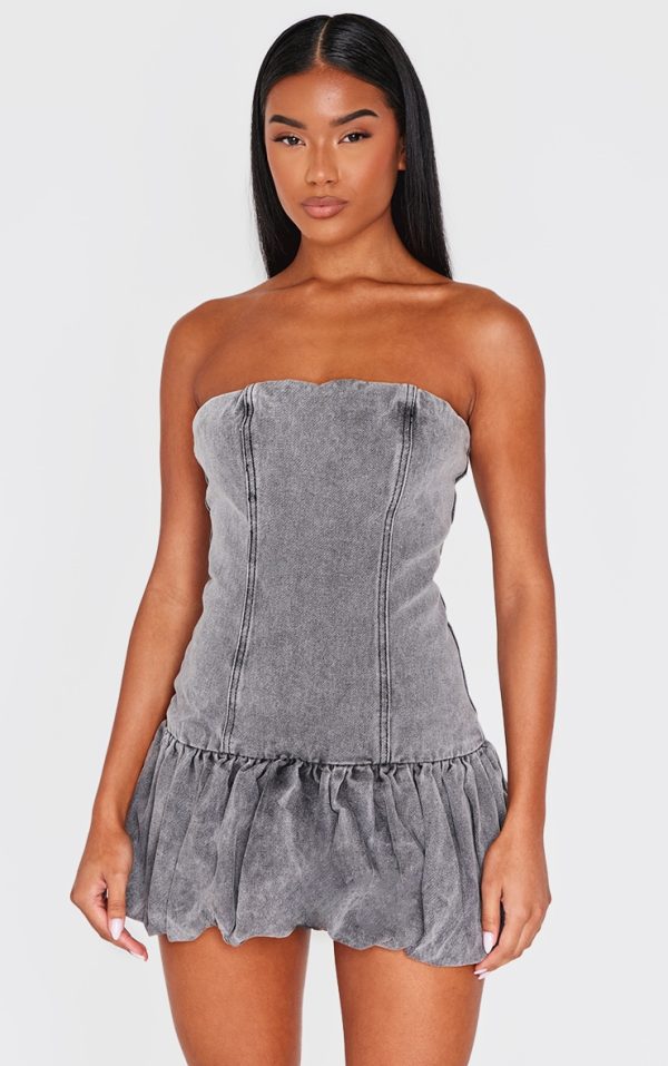 Washed Grey Denim Bandeau Puffball Mini Dress