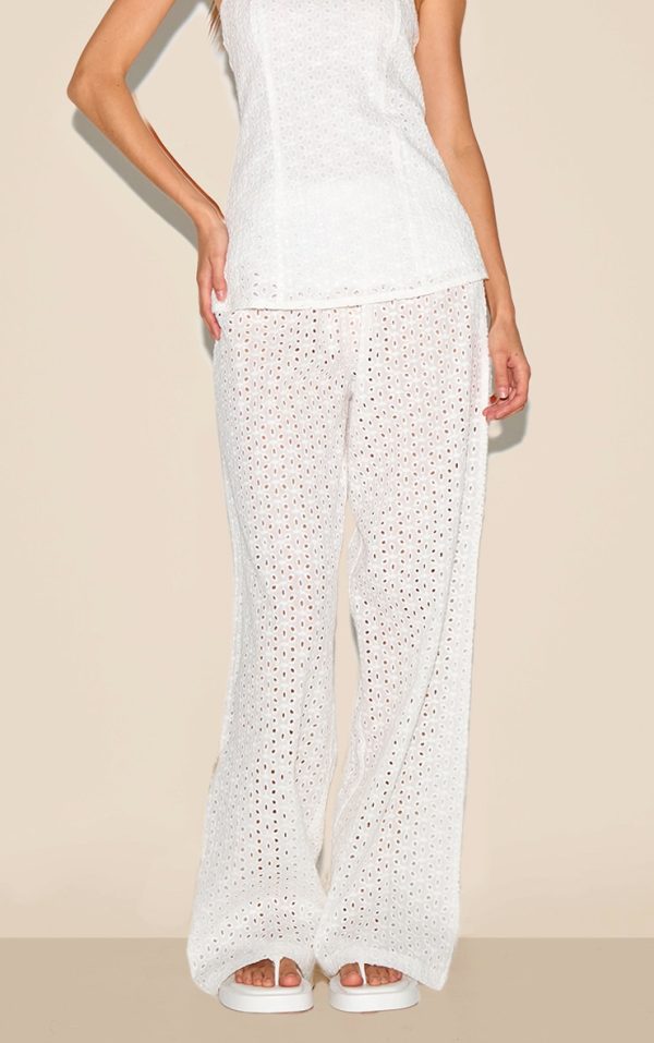 White Embroidered Mid Rise Pants