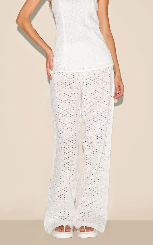White Embroidered Mid Rise Pants