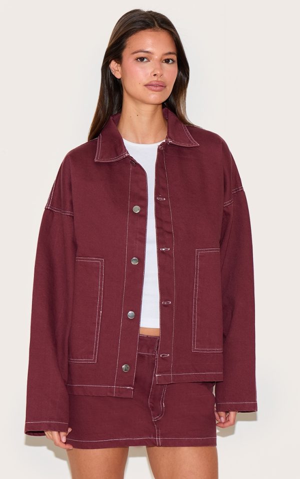 Burgundy Contrast Stitch Pocket Patch Detail Denim Shirt