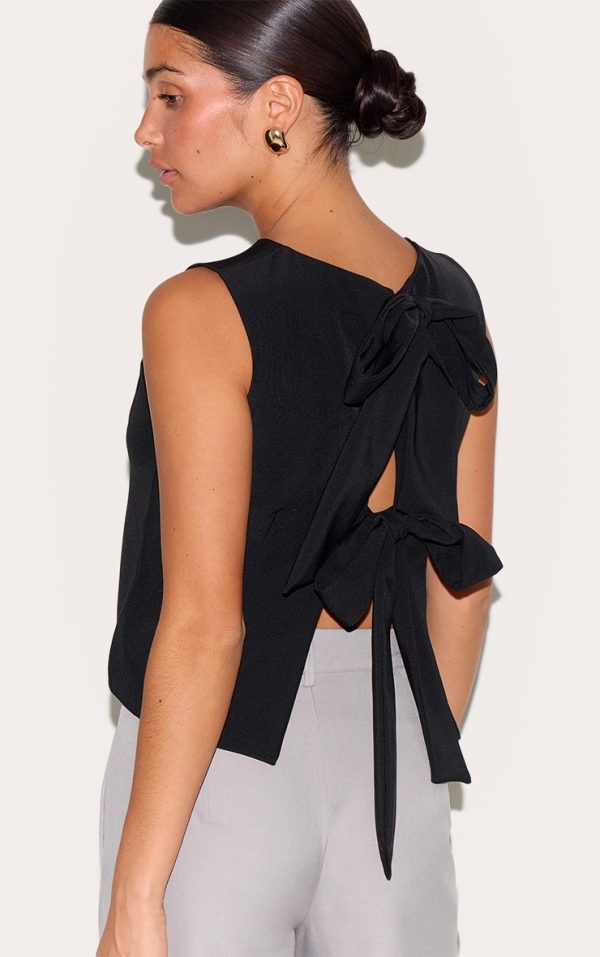 Petite Black Sleeveless Bow Detail Top