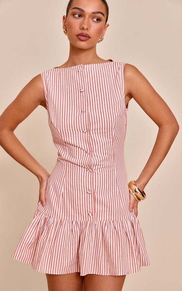 Rust Striped Satin Button Detail Flippy Hem Bodycon Dress