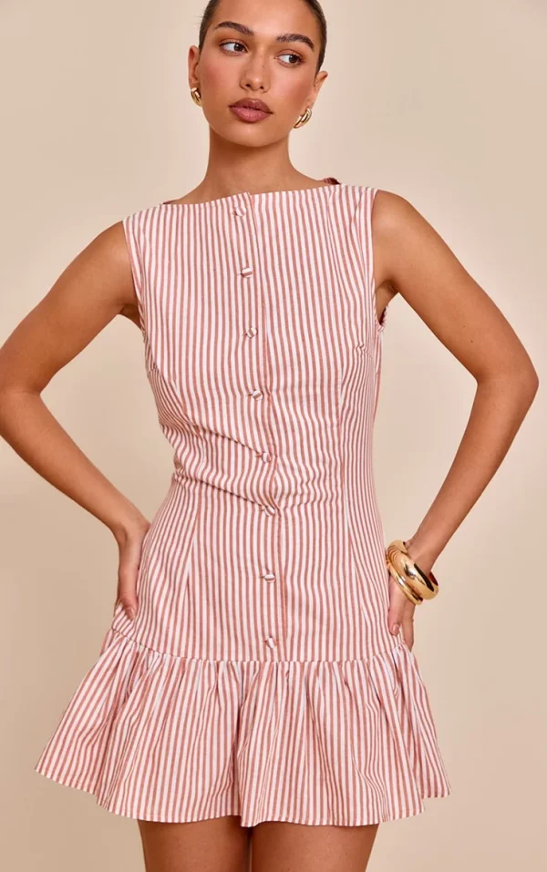 Rust Striped Satin Button Detail Flippy Hem Bodycon Dress