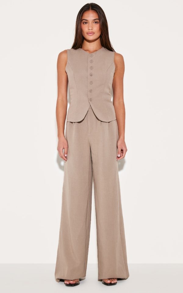 Taupe Tailored Tie Detail Woven Wide Leg Pants