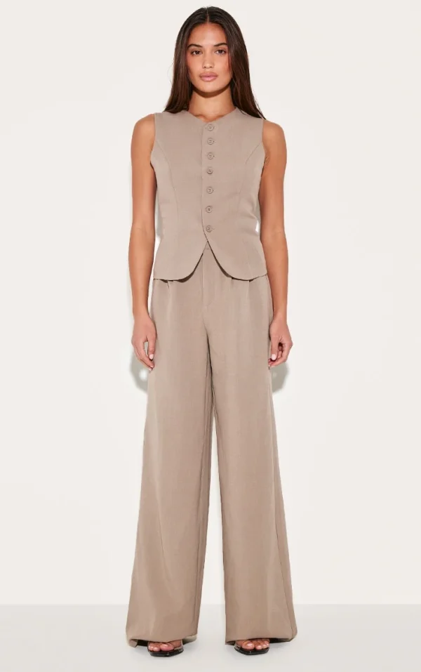 Taupe Tailored Tie Detail Woven Wide Leg Pants