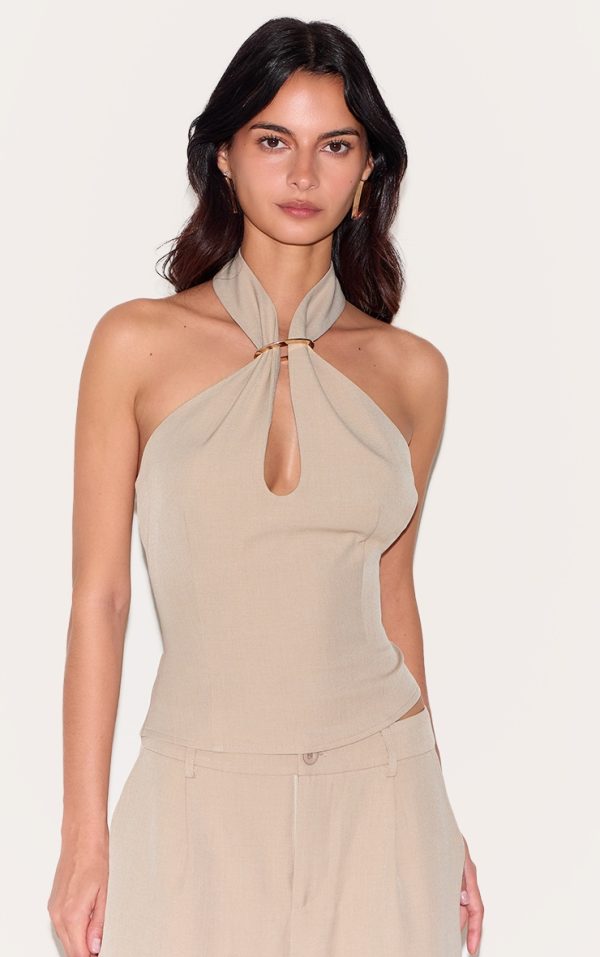 Clay Trim Detail Halterneck Tailored Top