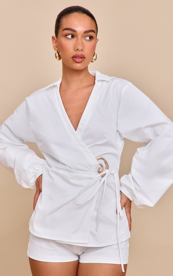 White Woven Tie Front Gold Hardware Detail Shirt