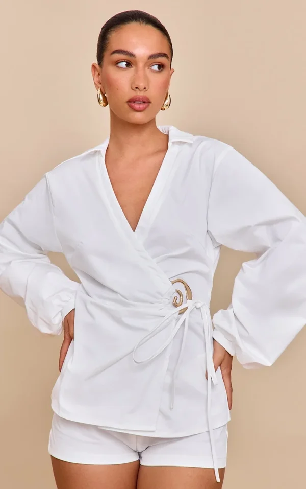 White Woven Tie Front Gold Hardware Detail Shirt